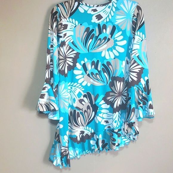 Shane Lee Inc artsy blue tan  asymmetrical, bell sleeves, 4" skirt, tunic, sz L - Picture 3 of 5